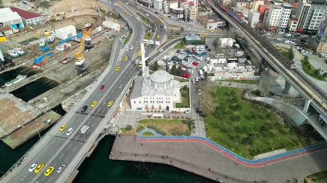 Istabul/Turkey circa 2023: Sokullu Mehmet Pasha Mosque fly above shot