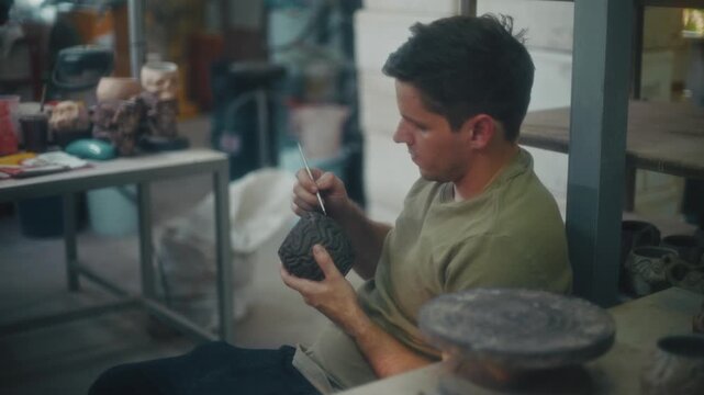 Potter Examining Bowl. Male Artist Thoughtfully Inspects Handcrafted Ceramic Bowl In Studio