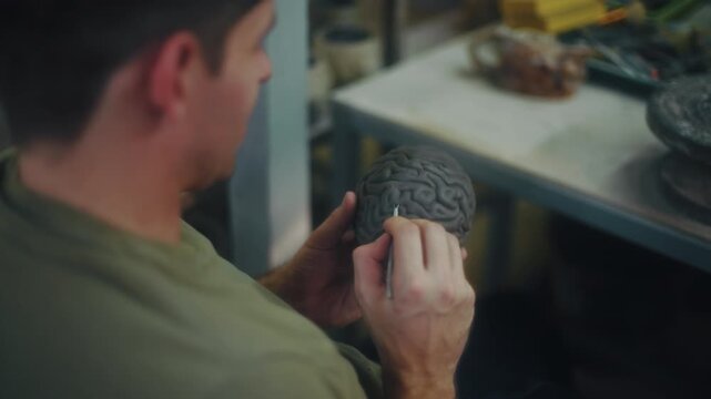 Potter Examining Bowl. Male Artist Thoughtfully Inspects Handcrafted Ceramic Bowl In Studio