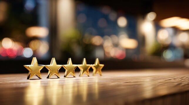 Golden five-star rating icon glowing above a wooden surface with warm ambient light. designed for pitch decks, case study visuals, and enterprise software interfaces.