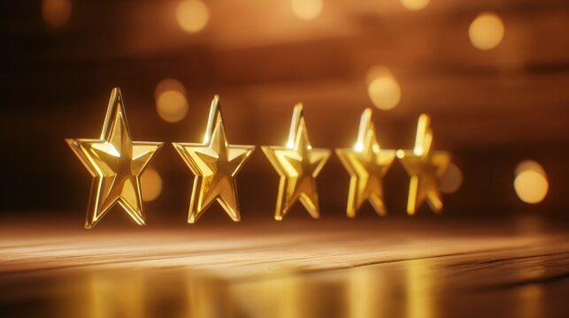Golden five-star rating symbol hovering above a wooden surface, glowing warmly. pitch deck slides, case study pages, designed for enterprise HRIS and productivity software interfaces.