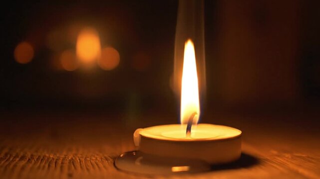 Candle Flame Flickering Dancing Gently In Dark Cozy Interior Space Intimate Warm Cinematic Style Seamless Loop Subtle Flame Motion Mindfulness Concept 4K