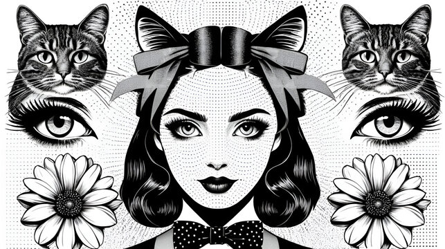Woman eyes, bows, flowers, cat photocopy dada vintage collage set. Ribbon, domestic animal head, eyes halftone dadaism effect. Dotted stippling grunge elements. Vector y2k gritty retro shape isolated.