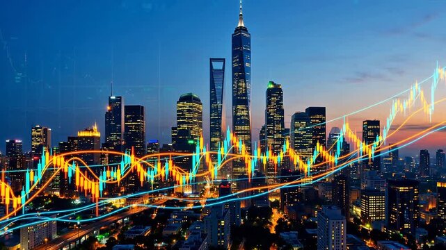 City skyline with financial charts overlay