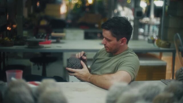 Skilled Male Creator Analyzes Spherical Artwork Amid Tools And Molds On Cluttered Work Station