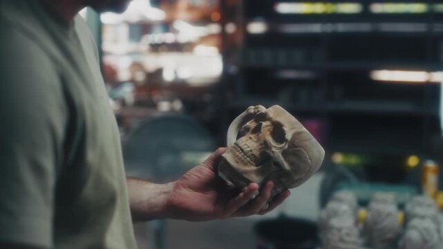 Focused Craftsman Delicately Reproduces Detailed Features Of Skull Using Fine Brush In Subdued Lighting