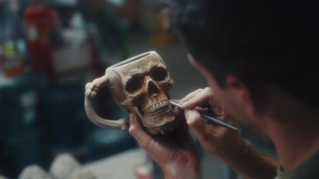 Focused Craftsman Delicately Reproduces Detailed Features Of Skull Using Fine Brush In Subdued Lighting