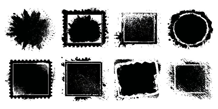 A set of vintage black ink grunge frames and dirty paint brush stroke textures featuring artistic splat vector elements and grungy border design patterns on a stained splash background