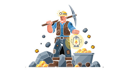 Mining the Riches: A determined miner, equipped with a pickaxe and lantern, stands amidst a scene of unearthed gold and rugged stones, embodying the spirit of industry and the pursuit of treasure. © hafs121