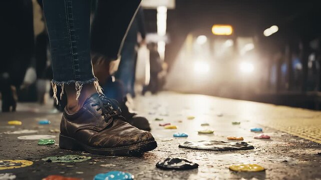 Stepping Through Colorful Debris While Waiting Underground