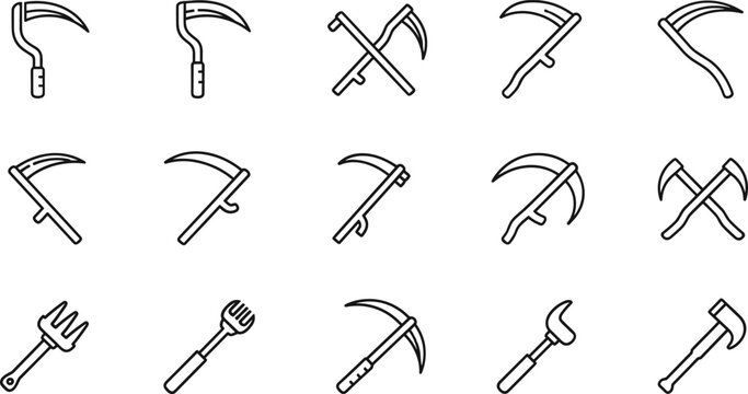 Farming tools icons set with scythe sickle rake and hammer line art vector illustration