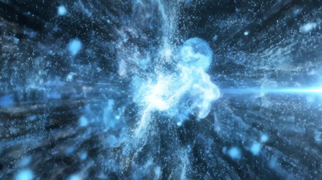 Animating Digital Cube Fragmentation Into Cosmic Particle Swirl