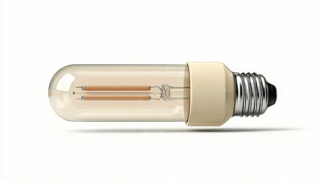 Close-up of a modern, energy-efficient LED filament light bulb with a glass tube and Edison-style filament, isolated on a white background.