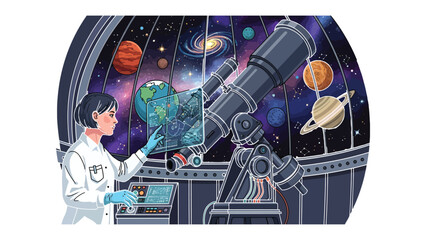 Stargazing Explorer: An astronomer at observatory, observing celestial wonders through a large telescope, studying a detailed map of Earth, against a backdrop of cosmic marvels. © hafs121