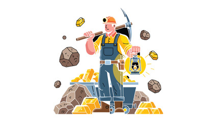 Gold Miner and His Treasure: A determined gold miner, adorned in a hard hat and overalls, proudly stands amidst a rich trove of gold and precious stones. © hafs121