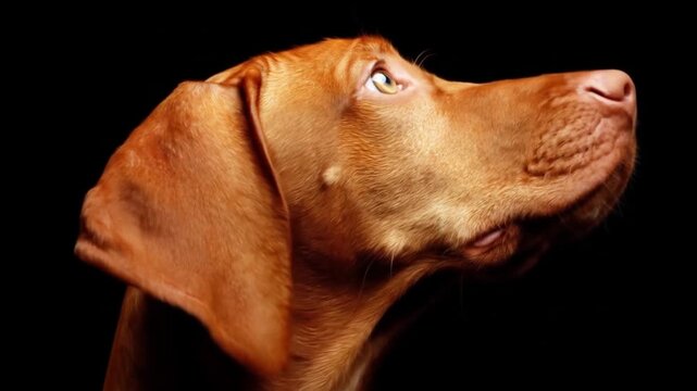 A attentive Hungarian pointer dog gazes upwards with focus and calm expression captured in a dark environment showing the breed characteristic copper coat color and alert posture during a quiet
