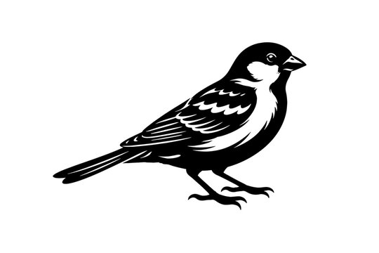 Elegant black and white vector illustration of a common sparrow standing, perfect for nature themes, bird watching designs, minimalist logos, wildlife emblems, graphic art projects, ornithology resour