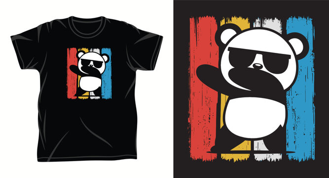 Cool panda dab dance in retro vintage style, cute panda wearing sunglasses, funny dancing t-shirt design