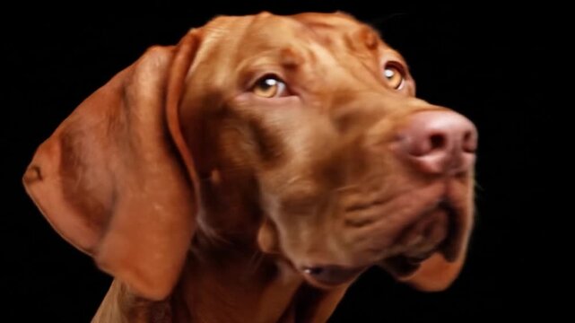 A noble Vizsla hound with golden eyes stares ahead with intense focus and calm expression showing loyalty to humans while staying alert for hunting activity in the field during a sunny autumn day