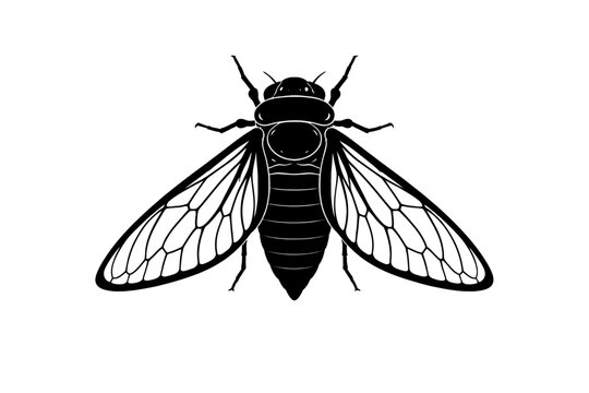 Detailed black and white vector illustration of a cicada insect, a graphic design featuring its distinctive wings, robust body, and segmented abdomen in a clear, top-down view. Perfect for nature-them