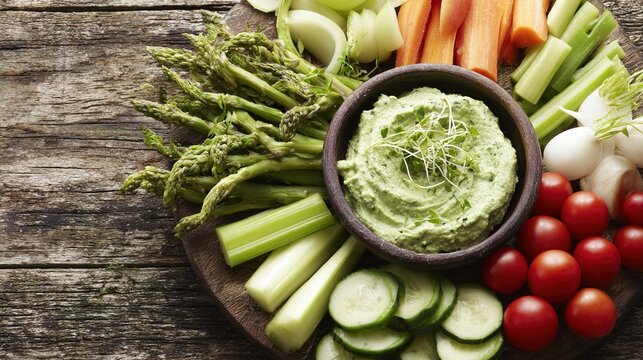 hummus. Fresh vegetable platter with hummus and herbs arranged on a rustic wooden table, showcasing healthy eating. menu design.
