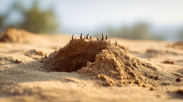 pangolin. A detailed anthill in sandy soil with a single claw mark. menu design, packaging mockups, recipe cards, designed for food delivery and cloud-kitchen brand materials, used by ui designers.