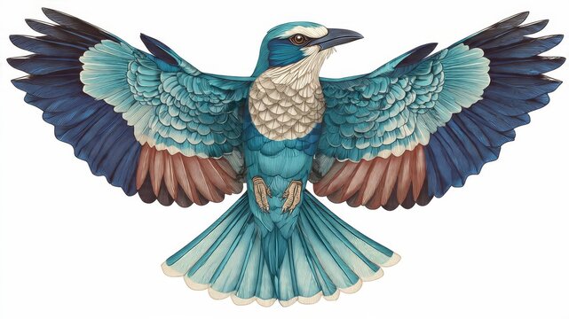 Beautifully illustrated roller bird in flight with wings spread wide, showcasing vibrant turquoise, blue, and brown feathers against a white background.