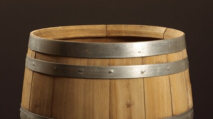 Fototapeta premium crosssection. Cross-section of a wooden barrel with metal hoops against a dark background. bar promotions, beverage menus, designed for product packaging and bar promotions.