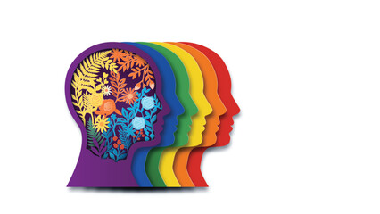 Paper art style vector illustration of diverse people celebrating Pride Month with a large rainbow heart, hot air balloon and flag. Love and diversity concept.