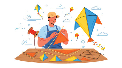Crafting Dreams: An artisan meticulously constructs a kite, surrounded by colorful kites, embodying creativity and craftsmanship in the open air. © hafs121