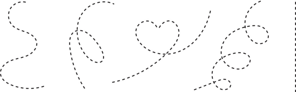 A versatile set of black dashed lines illustrating diverse creative paths curves geometric shapes a heart and elegant spirals design elements