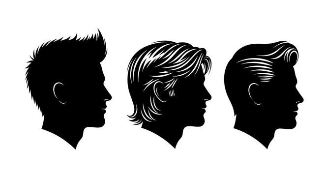 Men hairstyle silhouettes collection, various modern haircuts and profiles, isolated on white background
