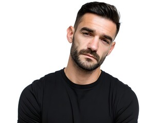 Obraz premium Bearded man posing with serious expression against a clean white backdrop