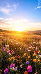 Obraz premium Wildflower meadow at golden hour, flowers blooming in warm sun rays, soft focus vibrant nature