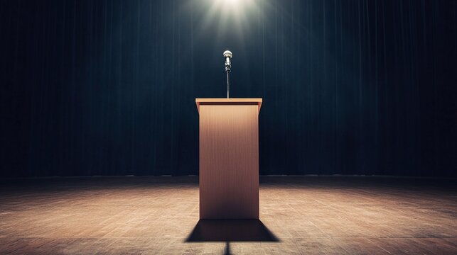 Wooden Podium with Microphone Under Spotlight on Empty Stage