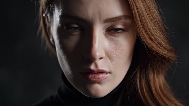 Intense woman with red hair looking seriously at the camera