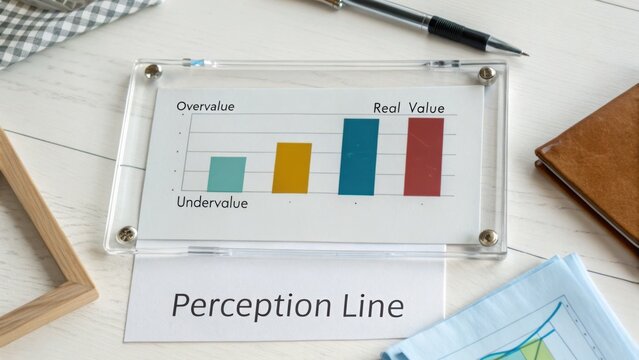 Conceptual Illustration of Perception Line with Graph Showing Overvalue, Real Value, and Undervalue on Office Table