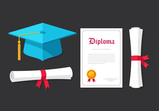 Vector Illustration of Graduation Academic Set Featuring a Blue Mortarboard Cap, Diploma Certificate with Gold Seal, and Rolled Scrolls with Red Ribbons