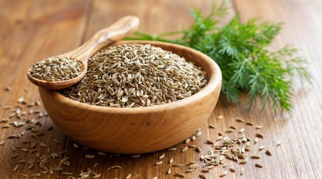 Bowl of cumin seeds with wooden spoon and green dill on rustic wooden table
