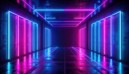 Fototapeta premium Futuristic corridor with neon lights glowing pink and blue creating an immersive technological walkway for modern architecture and digital designs