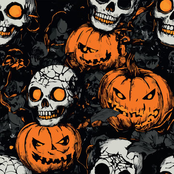 Seamless Halloween pattern with pumpkins, skulls, bats and spider webs in dark vintage style. Spooky detailed illustration perfect for seasonal backgrounds, textiles, prints and festive design.