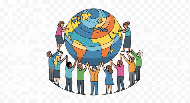 Diverse group of people collaboratively supporting and protecting the globe, symbolizing unity, teamwork, and global responsibility for a connected world