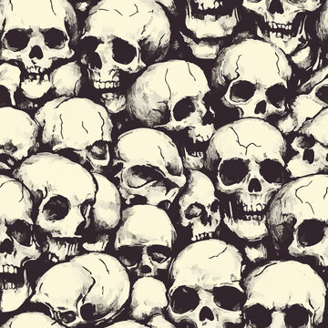 Seamless Halloween pattern with pumpkins, skulls, bats and spider webs in dark vintage style. Spooky detailed illustration perfect for seasonal backgrounds, textiles, prints and festive design.