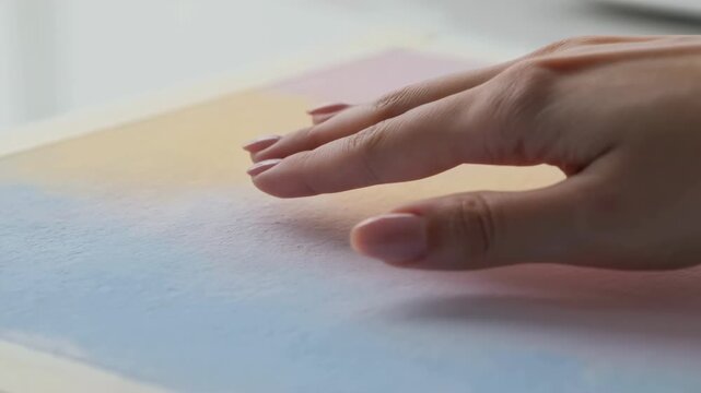 Exploring Color Through Fingertips. Fingertip Caress Of Pastel Colors On Textured Paper By Window