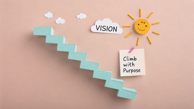 Creative visualization concept with paper stairs, clouds, sun, and motivational notes on pastel background for inspiration