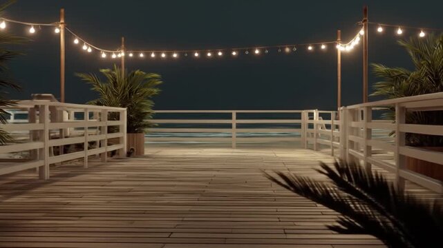 Wooden deck with string lights overlooking ocean at dusk