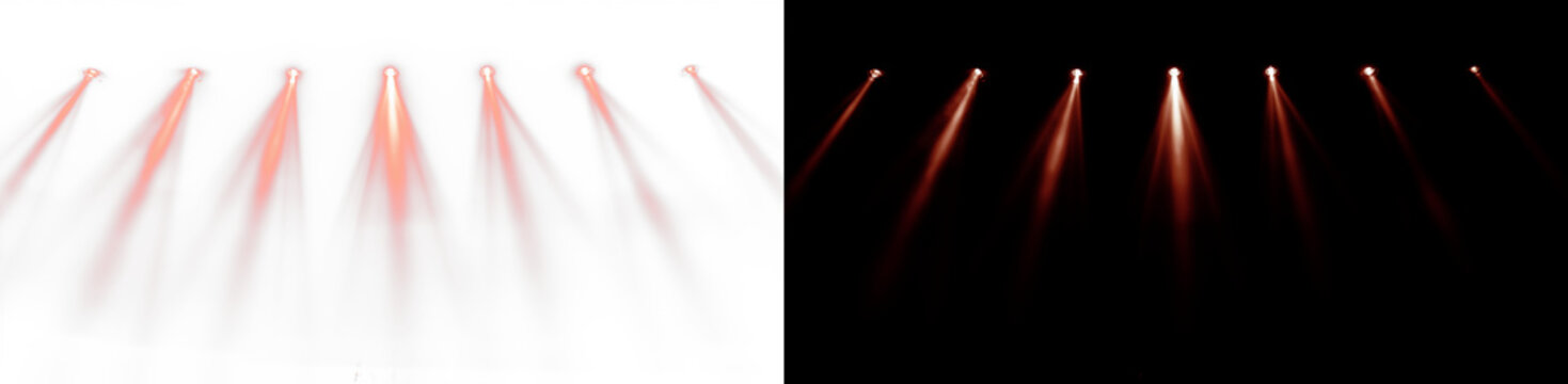 Seven red spotlights shining from above with glowing beams, creating a dramatic stage lighting effect. Isolated PNG overlay on split background, perfect for concerts, shows, and cinematic visuals.
