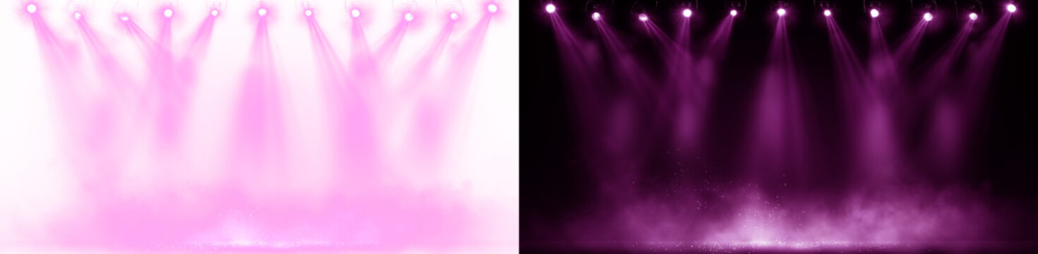 Multiple purple and pink spotlights with bright beams and haze smoke, creating a vibrant stage lighting effect. Isolated PNG overlay on split background, perfect for concerts, clubs, and event visuals