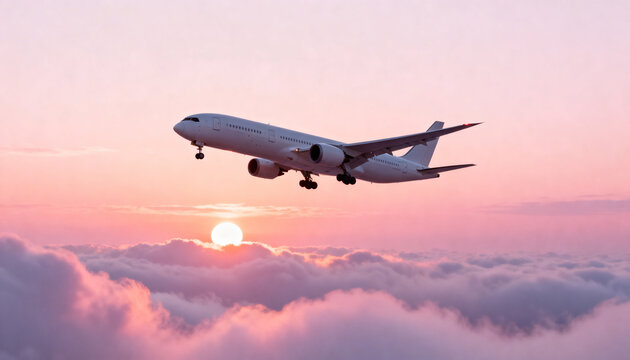 Flying twin engine airliner showing extended landing gear above dense cloud layer, sun near horizon