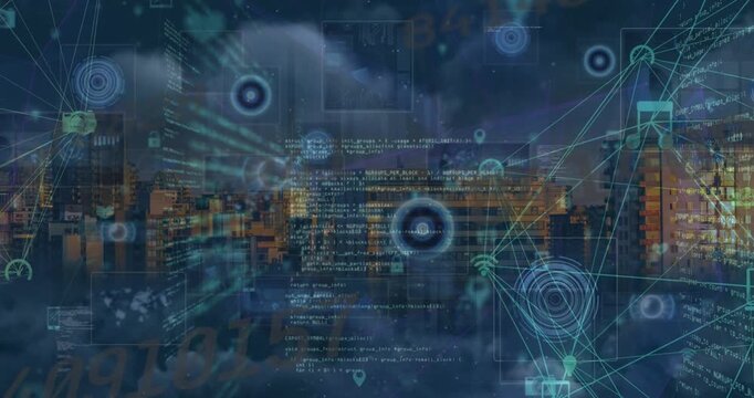 Animation of network of connections with icons over data processing